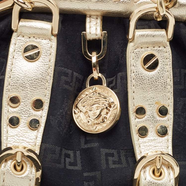 Pre Owned Versace Black/Gold Monogram Fabric and Leather Madonna Framed Satchel