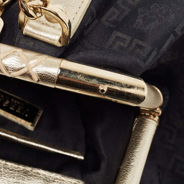 Pre Owned Versace Black/Gold Monogram Fabric and Leather Madonna Framed Satchel