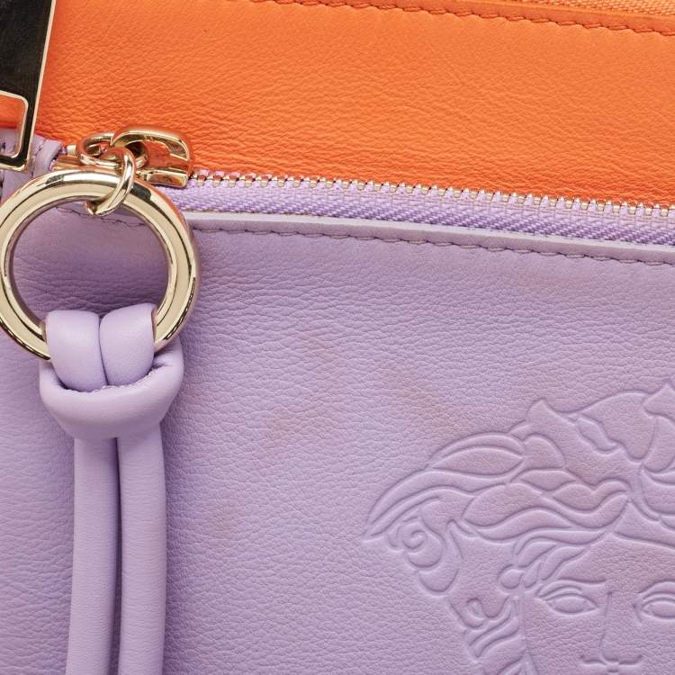 Pre Owned Versace Orange/Purple Leather Medusa Embossed Slim Clutch