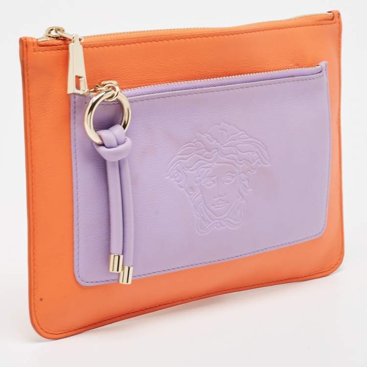 Pre Owned Versace Orange/Purple Leather Medusa Embossed Slim Clutch