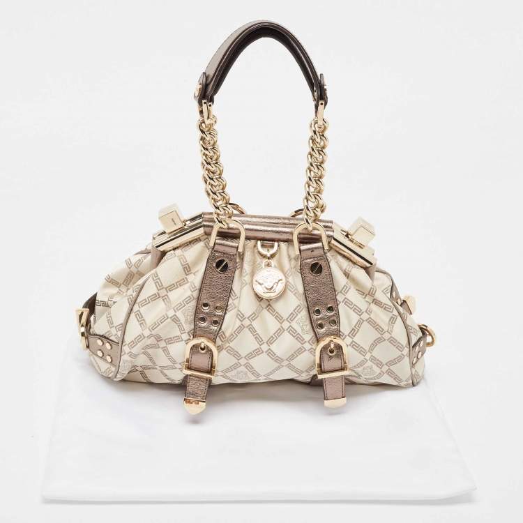 Pre Owned Versace Olive Green/Cream Signature Fabric and Leather Madonna Frame Satchel