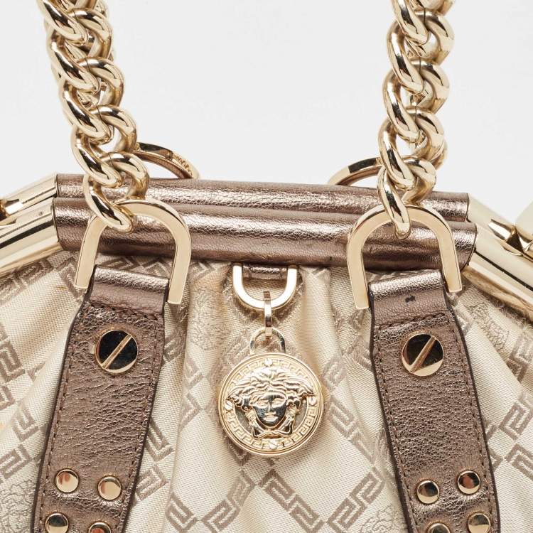 Pre Owned Versace Olive Green/Cream Signature Fabric and Leather Madonna Frame Satchel