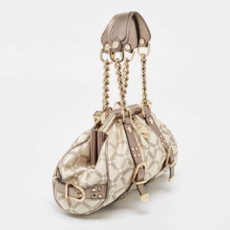 Pre Owned Versace Olive Green/Cream Signature Fabric and Leather Madonna Frame Satchel