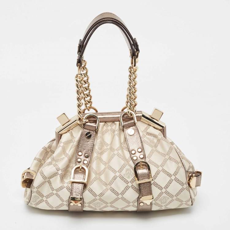 Pre Owned Versace Olive Green/Cream Signature Fabric and Leather Madonna Frame Satchel