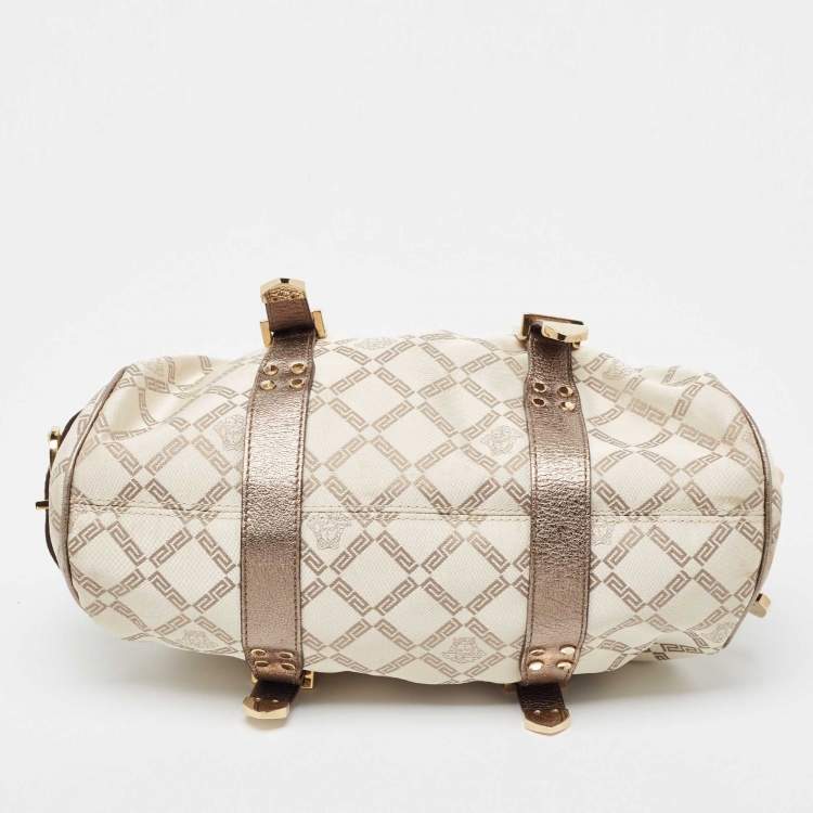 Pre Owned Versace Olive Green/Cream Signature Fabric and Leather Madonna Frame Satchel