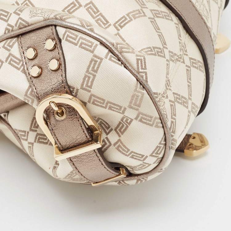 Pre Owned Versace Olive Green/Cream Signature Fabric and Leather Madonna Frame Satchel