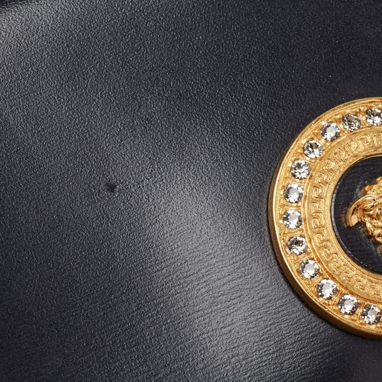 Pre Owned Versace Black Leather Crystals La Medusa Chain Clutch