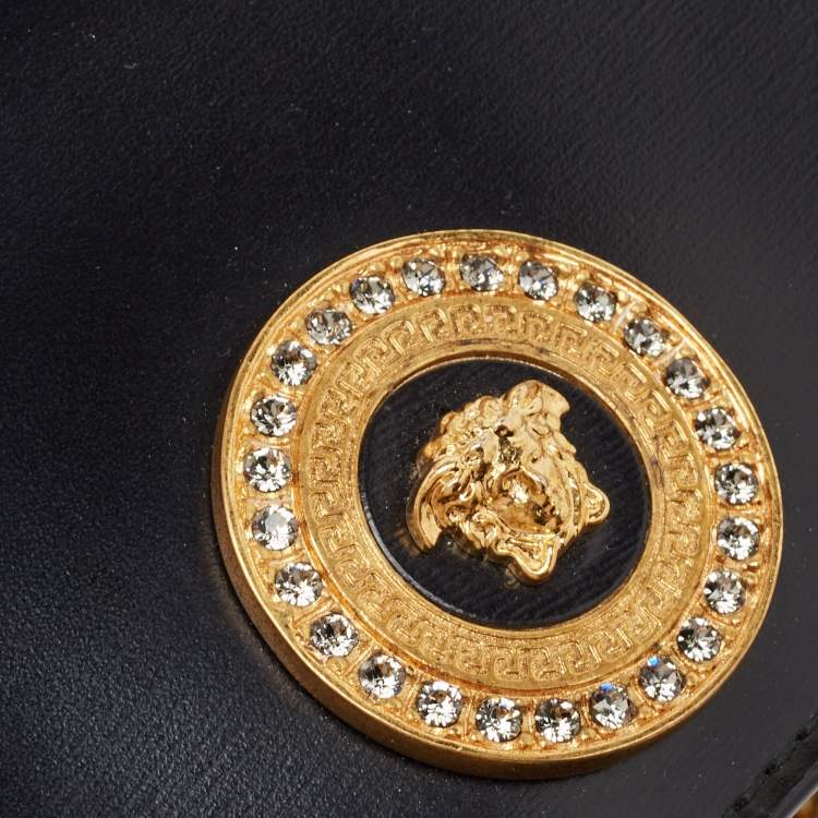 Pre Owned Versace Black Leather Crystals La Medusa Chain Clutch