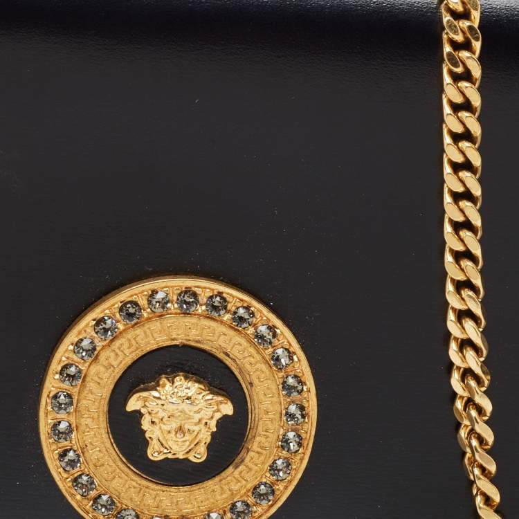 Pre Owned Versace Black Leather Crystals La Medusa Chain Clutch