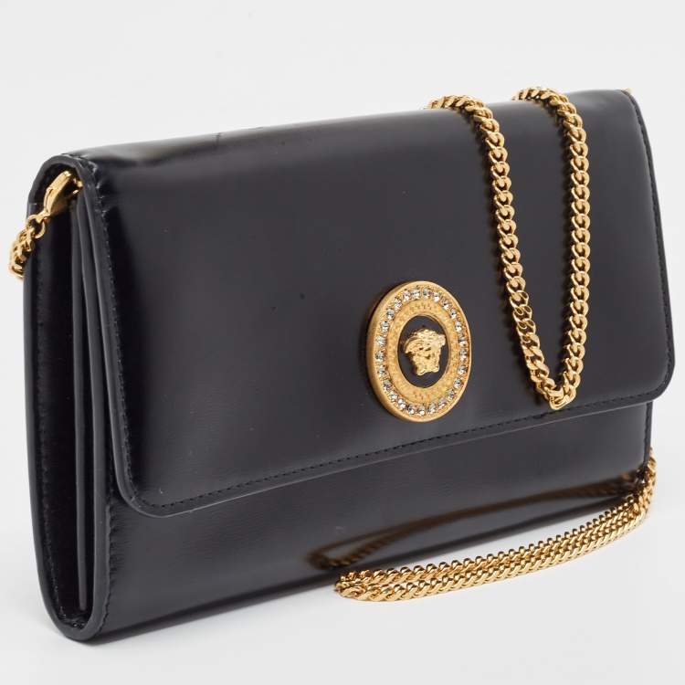 Pre Owned Versace Black Leather Crystals La Medusa Chain Clutch