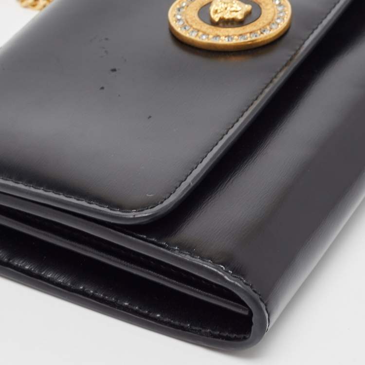 Pre Owned Versace Black Leather Crystals La Medusa Chain Clutch