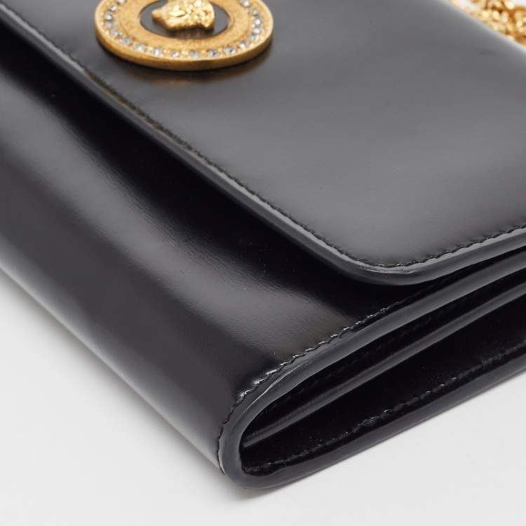 Pre Owned Versace Black Leather Crystals La Medusa Chain Clutch