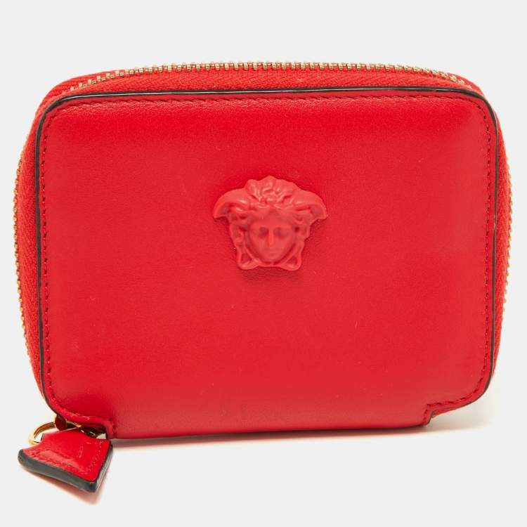 Pre Owned Versace Red Leather Medusa Zip Coin Purse