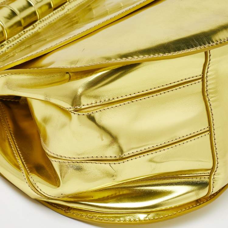 Pre Owned Versace Metallic Green Patent Leather Flap Hobo 