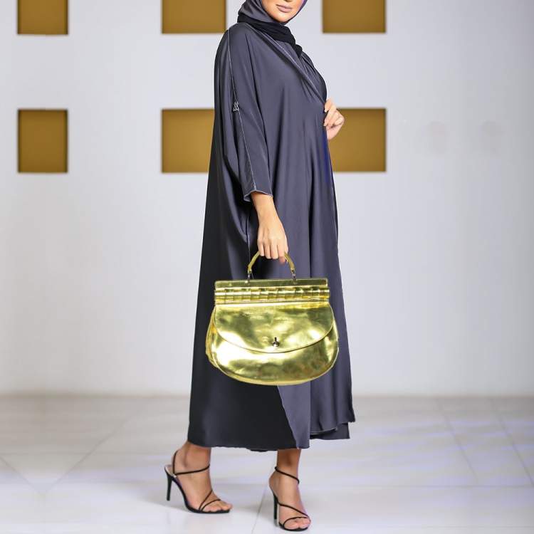 Pre Owned Versace Metallic Green Patent Leather Flap Hobo 
