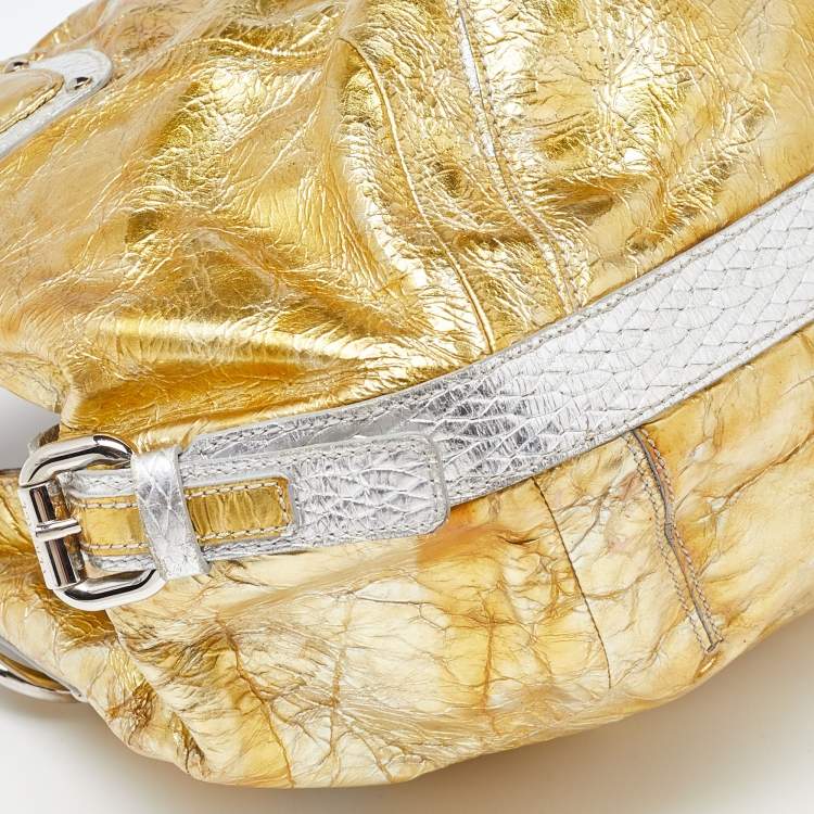 Pre Owned Versace Yellow/Silver Crinkled Hologram Patent Leather Medusa Flap Hobo 