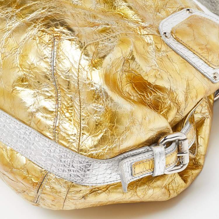Pre Owned Versace Yellow/Silver Crinkled Hologram Patent Leather Medusa Flap Hobo 