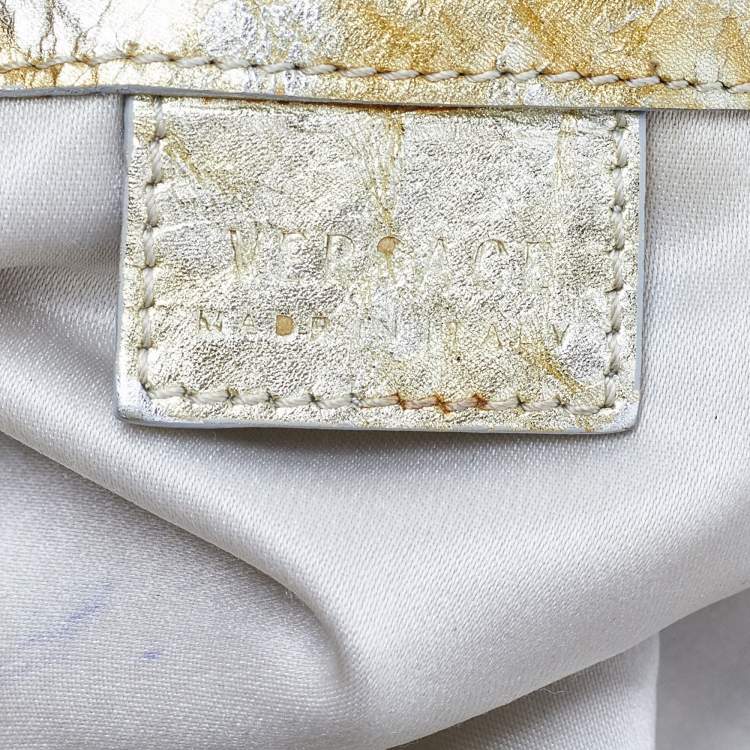 Pre Owned Versace Yellow/Silver Crinkled Hologram Patent Leather Medusa Flap Hobo 