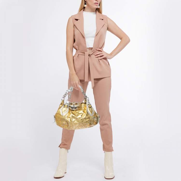 Pre Owned Versace Yellow/Silver Crinkled Hologram Patent Leather Medusa Flap Hobo 