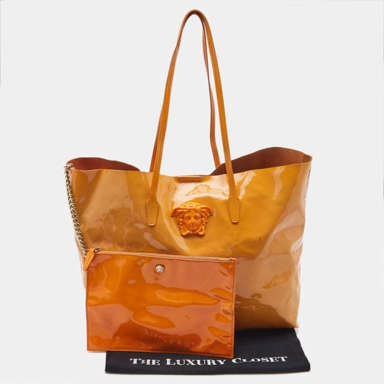 Pre Owned Versace Orange Patent Leather Medusa Icon Shopper Tote