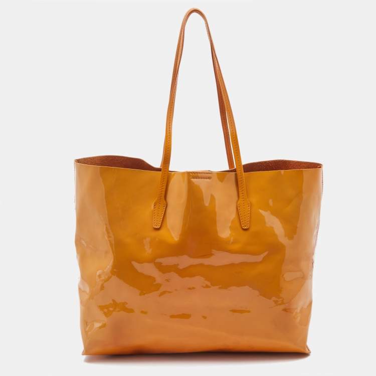 Pre Owned Versace Orange Patent Leather Medusa Icon Shopper Tote