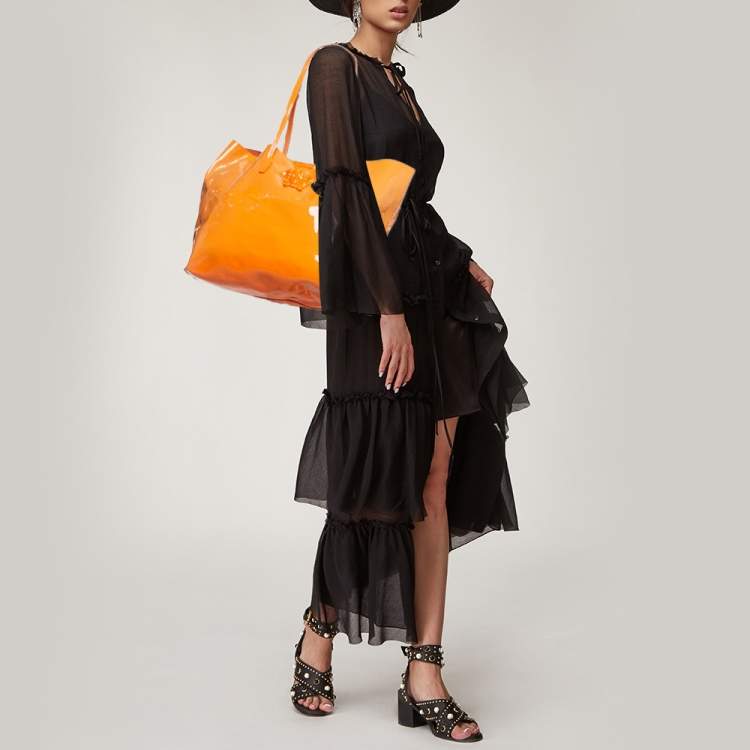 Pre Owned Versace Orange Patent Leather Medusa Icon Shopper Tote
