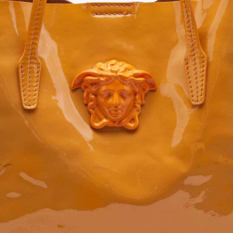 Pre Owned Versace Orange Patent Leather Medusa Icon Shopper Tote