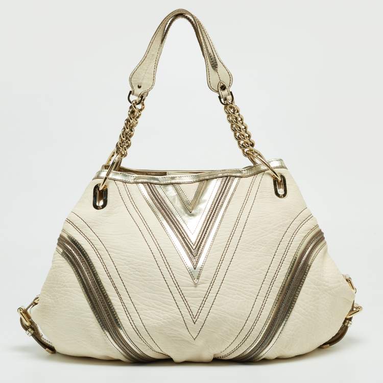 Pre Owned Versace Cream/Gold Leather Shoulder Bag