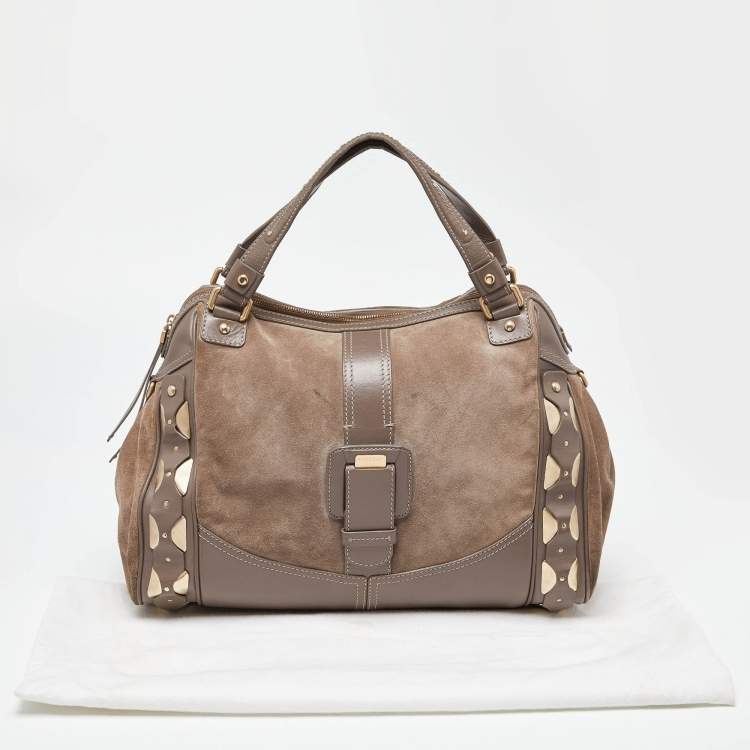 Pre Owned Versace Grey Leather Metal Embellished Hobo