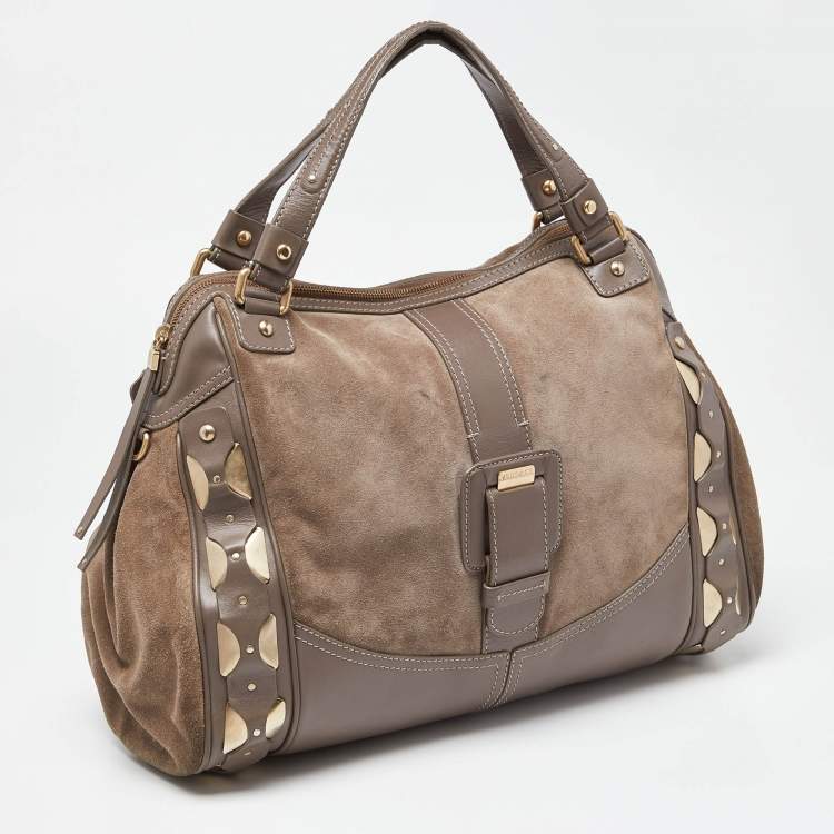 Pre Owned Versace Grey Leather Metal Embellished Hobo