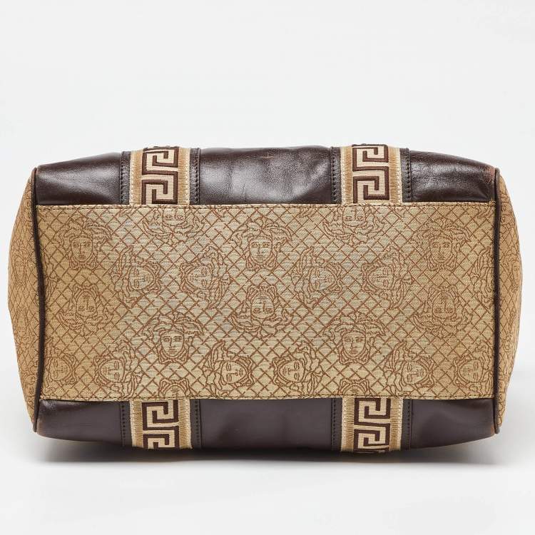 Pre Owned Versace Gold/Brown Signature Canvas and Leather Satchel