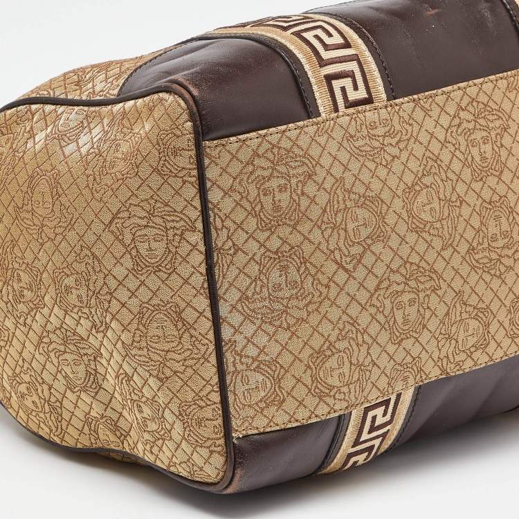 Pre Owned Versace Gold/Brown Signature Canvas and Leather Satchel