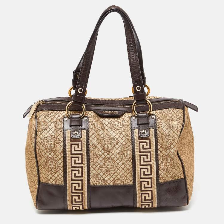 Pre Owned Versace Gold/Brown Signature Canvas and Leather Satchel
