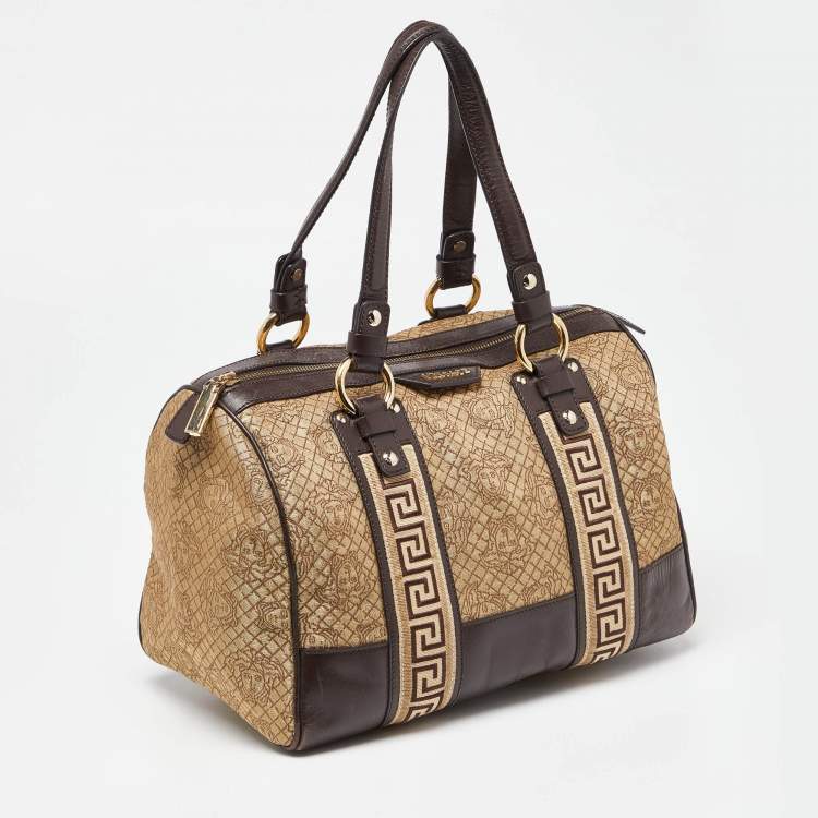 Pre Owned Versace Gold/Brown Signature Canvas and Leather Satchel
