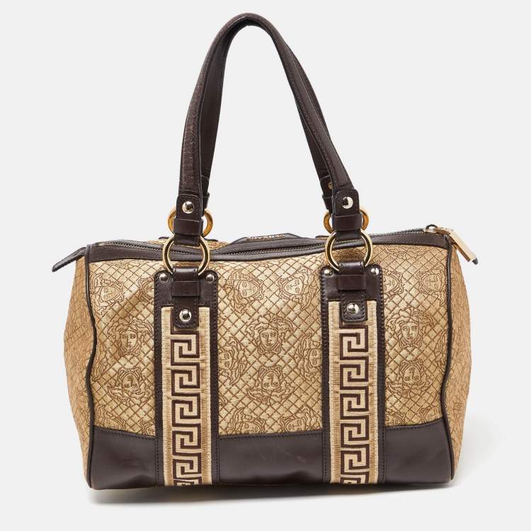 Pre Owned Versace Gold/Brown Signature Canvas and Leather Satchel