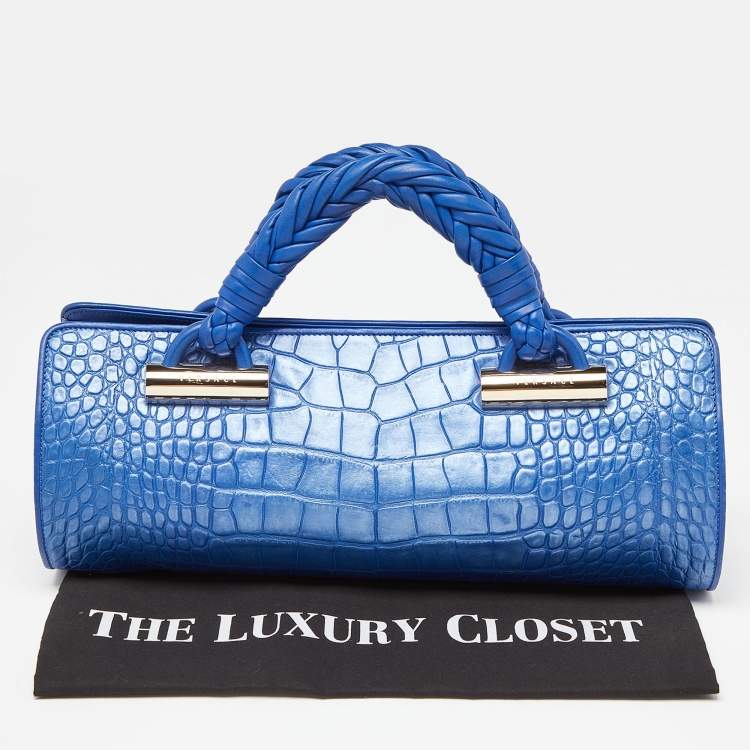 Pre Owned Versace Metallic Blue Croc Embossed Leather Frame Satchel