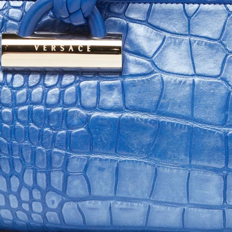 Pre Owned Versace Metallic Blue Croc Embossed Leather Frame Satchel