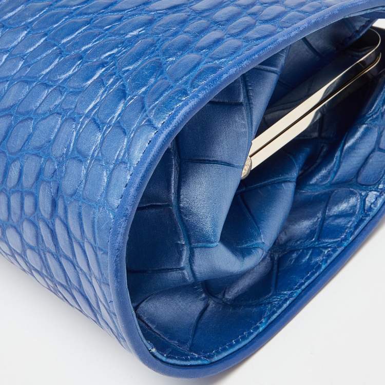Pre Owned Versace Metallic Blue Croc Embossed Leather Frame Satchel