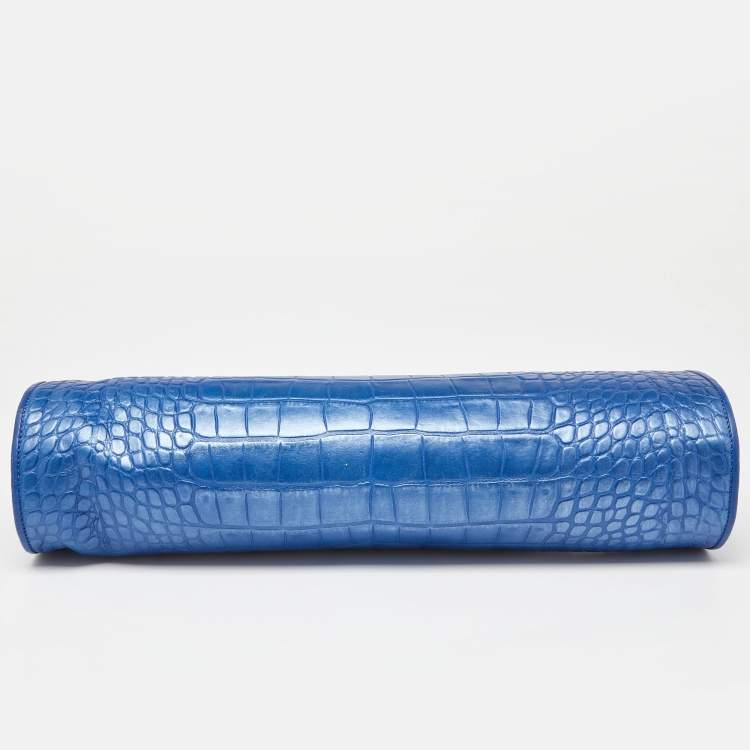 Pre Owned Versace Metallic Blue Croc Embossed Leather Frame Satchel
