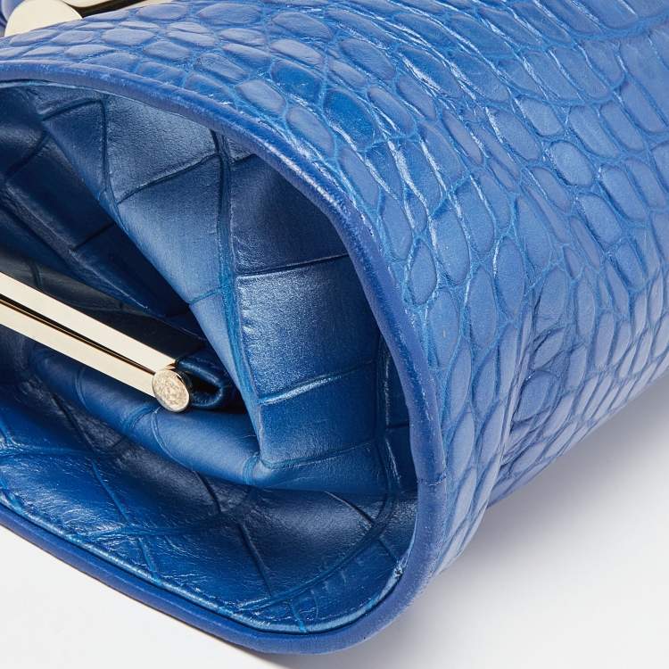 Pre Owned Versace Metallic Blue Croc Embossed Leather Frame Satchel