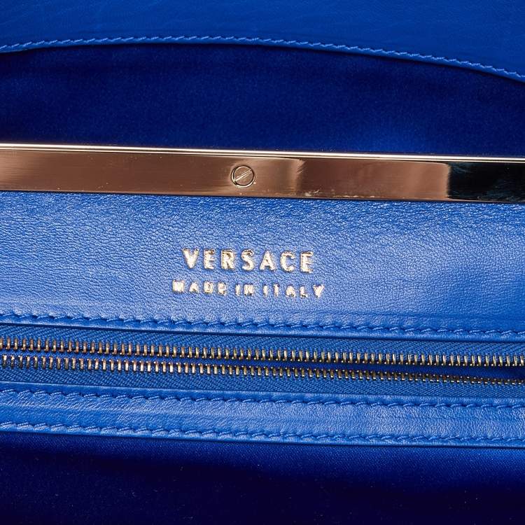 Pre Owned Versace Metallic Blue Croc Embossed Leather Frame Satchel