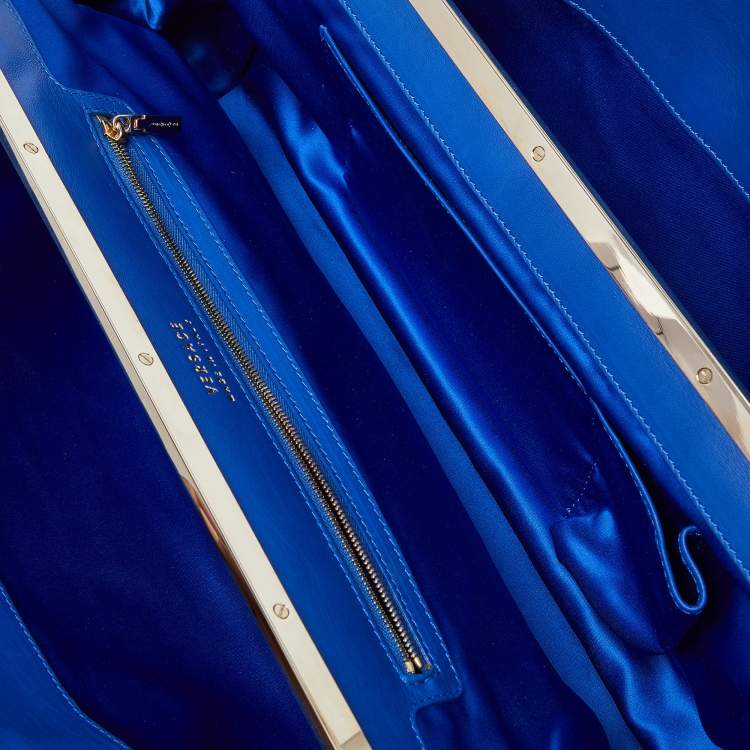 Pre Owned Versace Metallic Blue Croc Embossed Leather Frame Satchel