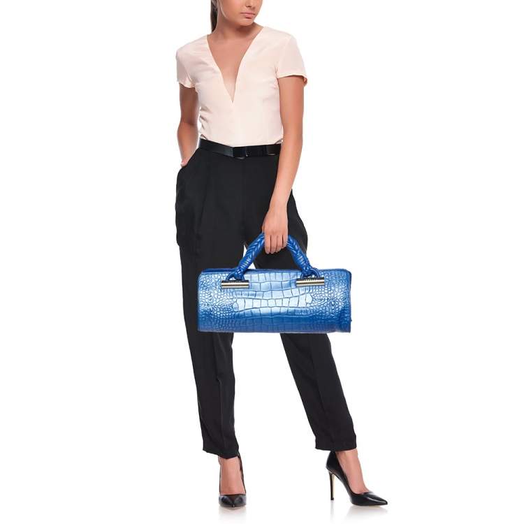 Pre Owned Versace Metallic Blue Croc Embossed Leather Frame Satchel