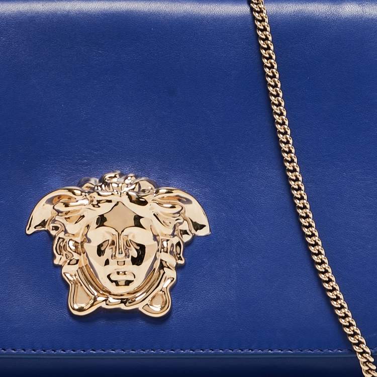 Pre Owned Versace Blue Leather Medusa Palazzo Shoulder Bag
