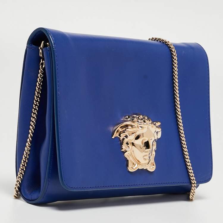 Pre Owned Versace Blue Leather Medusa Palazzo Shoulder Bag