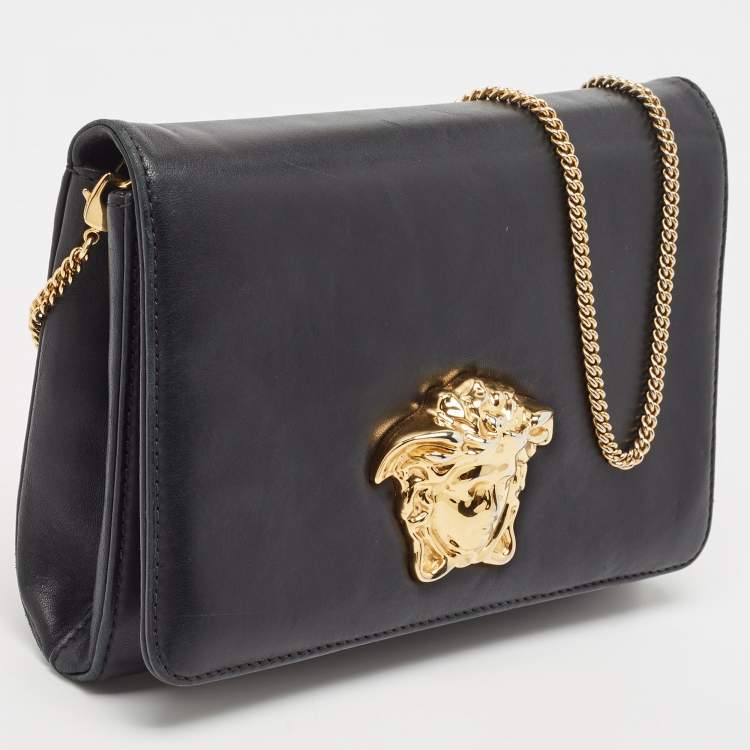 Pre Owned Versace Black Leather Medusa Chain Clutch