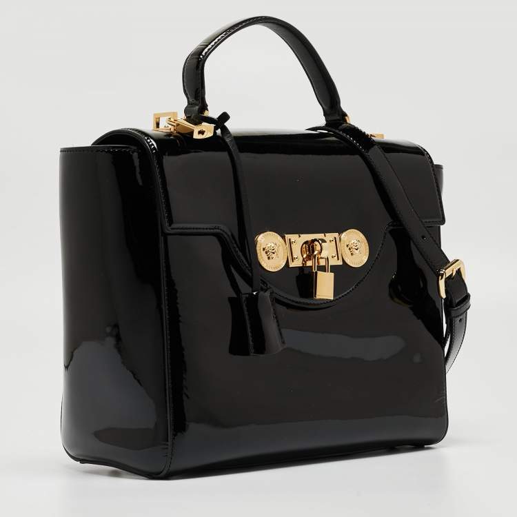 Pre Owned Versace Black Patent Leather Medusa Top Handle Bag