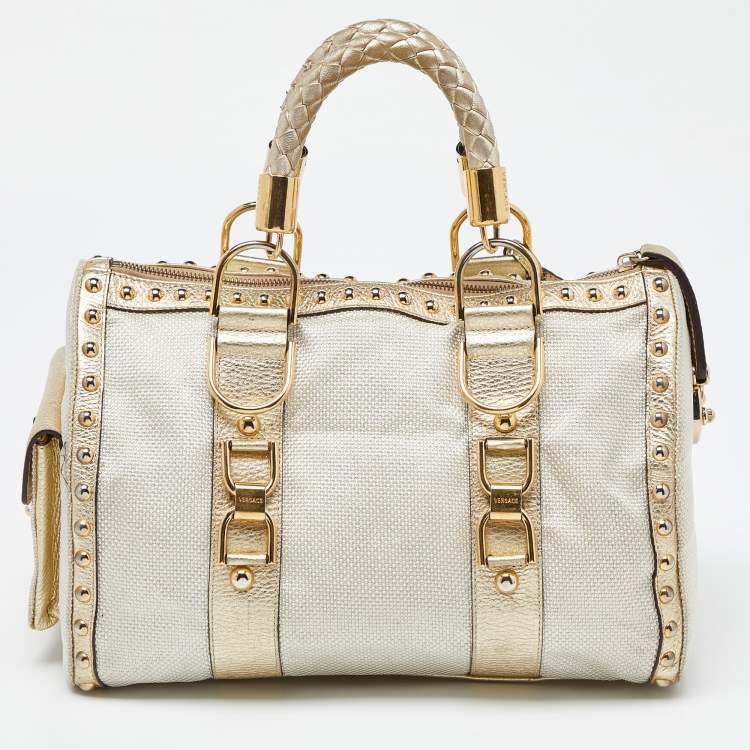 Pre Owned Versace Beige/Gold Nylon and Leather Studded Madonna Satchel