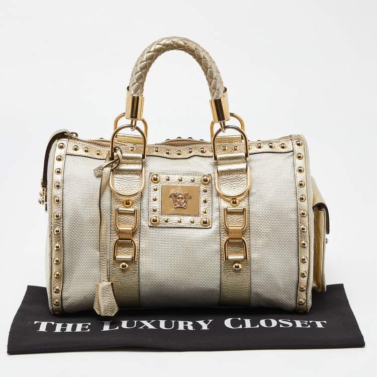 Pre Owned Versace Beige/Gold Nylon and Leather Studded Madonna Satchel