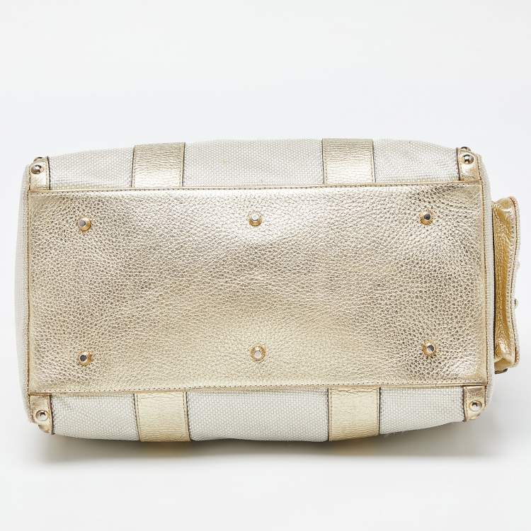 Pre Owned Versace Beige/Gold Nylon and Leather Studded Madonna Satchel